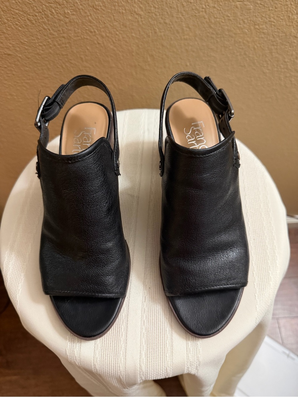 Franco Sarto Black Leather Open-Toe Slingback Mules